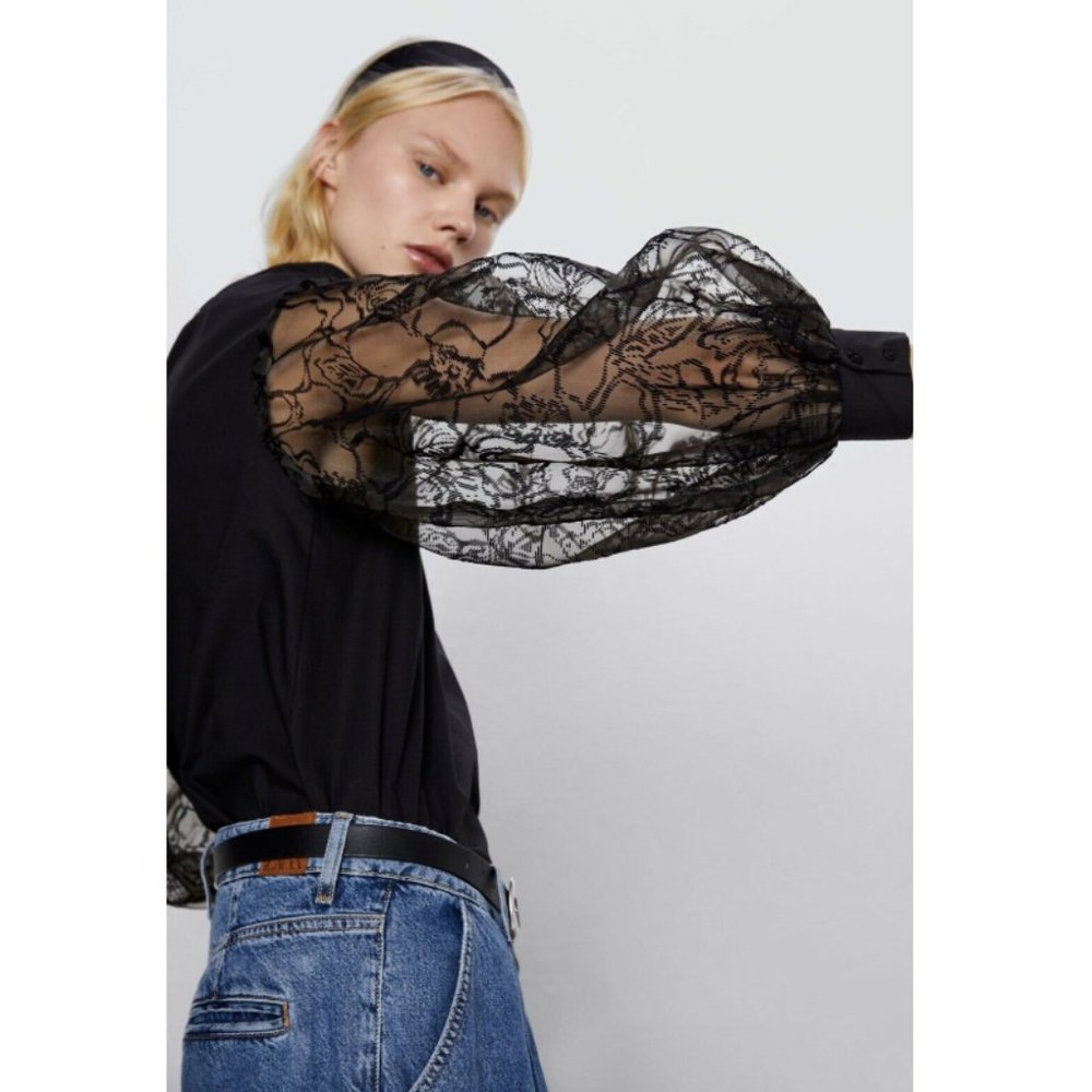 Zara Organza Sleeve Blouse Top Long Sleeve Back - Picture 4 of 7